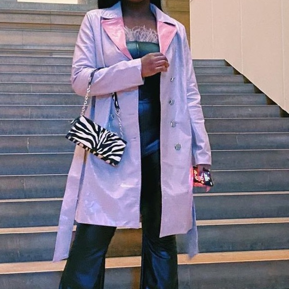 Cool pink leather coat with black and white buttons